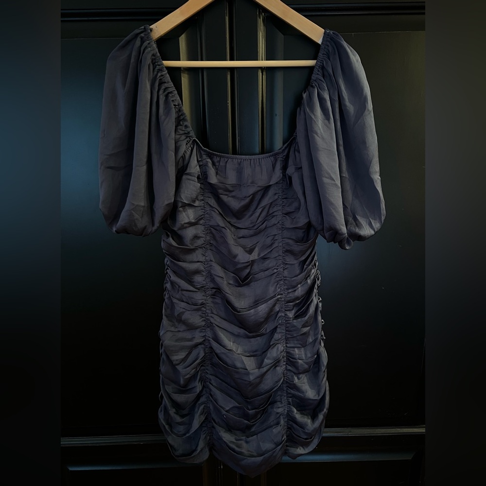 Navy Square Neck Ruched Bodycon Dress with Bubble Sleeve, Size Large